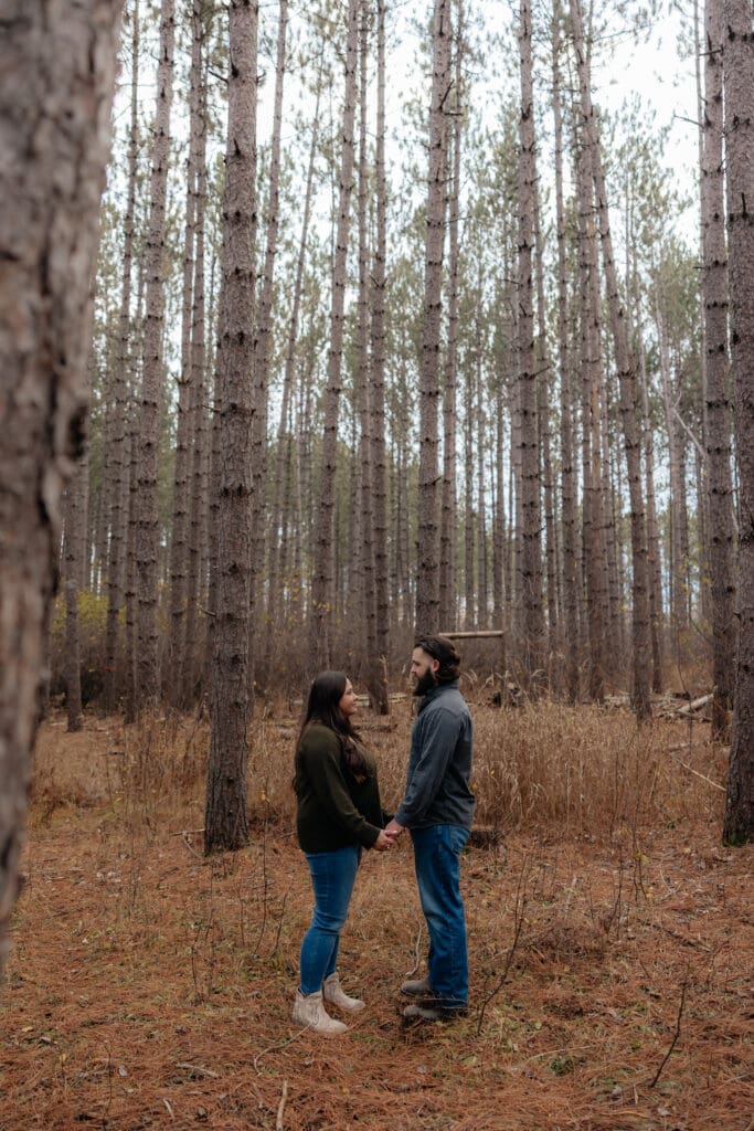 Couple holding hands and gazing at each other in a scenic pine forest near Duluth.